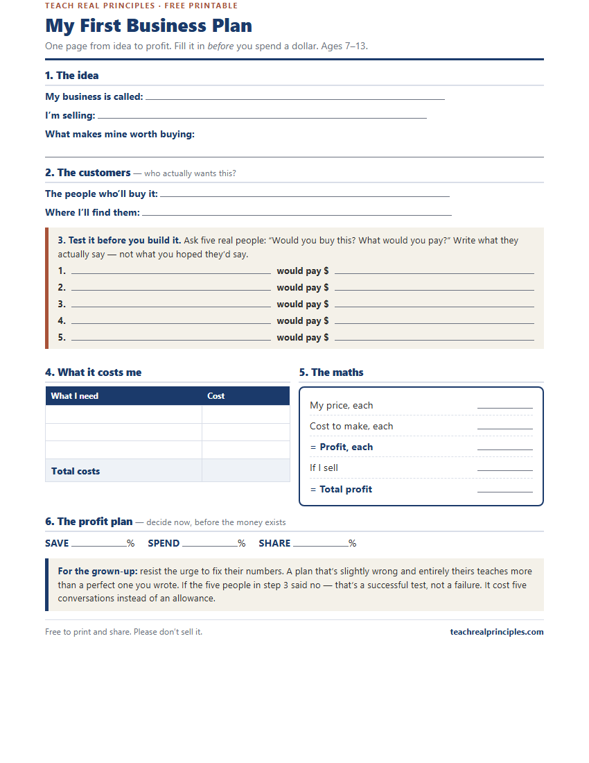 Preview of the My First Business Plan printable