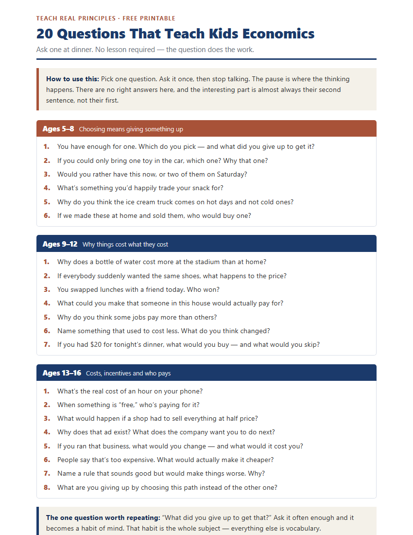 Preview of the 20 Questions That Teach Kids Economics printable