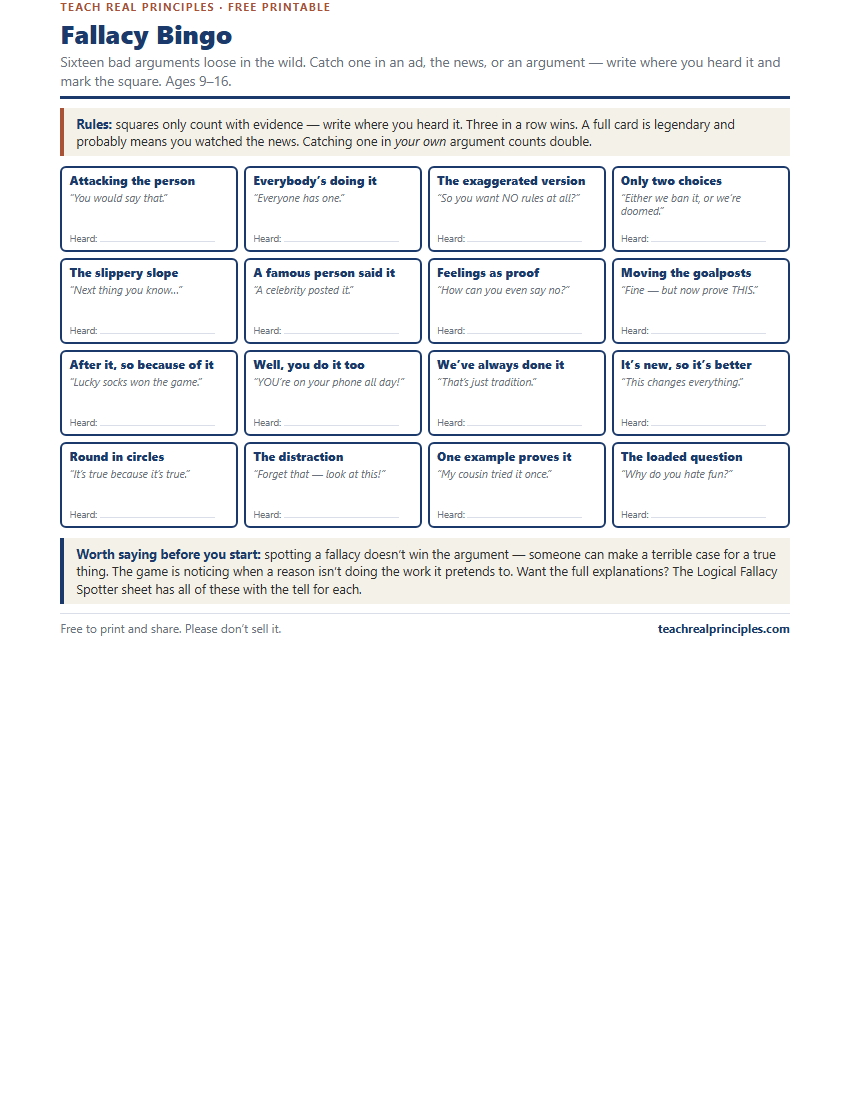 Preview of the Fallacy Bingo printable
